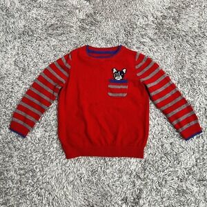 Mini Boden Red Dog Pocket Sweater 3-4Y Cotton Cashmere Stripe Sleeve Knit